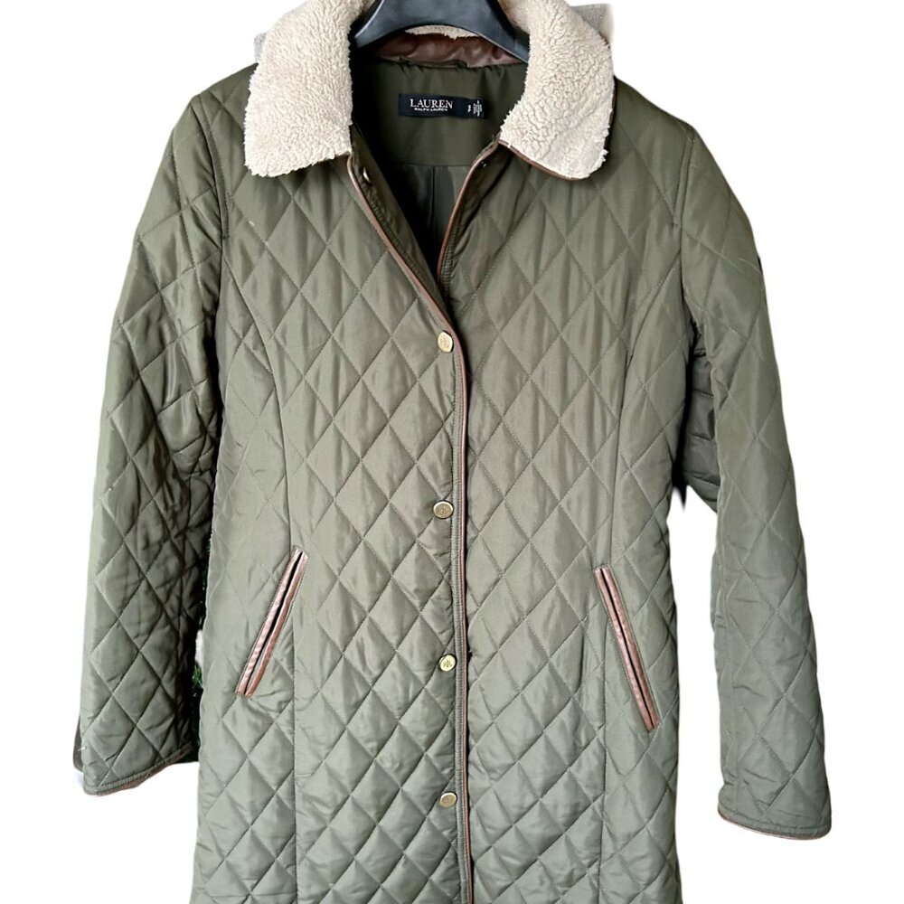 Ralph Lauren Quilted Snap Long Jacket Coat Olive Green Women Size S Small